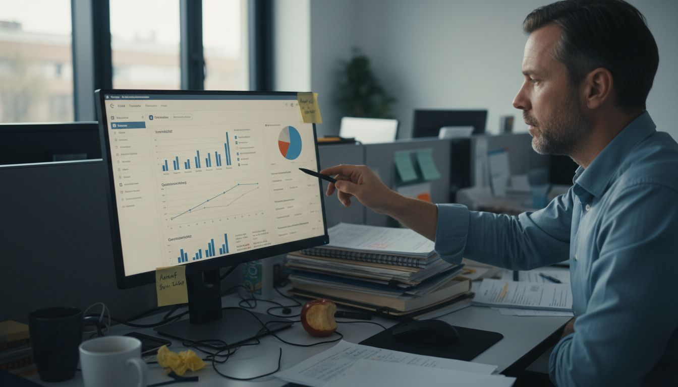 Eine Führungskraft wirft am Gemeinschaftsschreibtisch einen Blick auf das CRM-Dashboard.