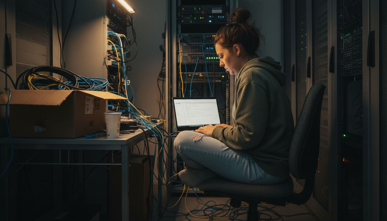 Ein Webentwickler arbeitet im Serverraum daran, die Webseite leistungsfähiger und schneller zu machen.