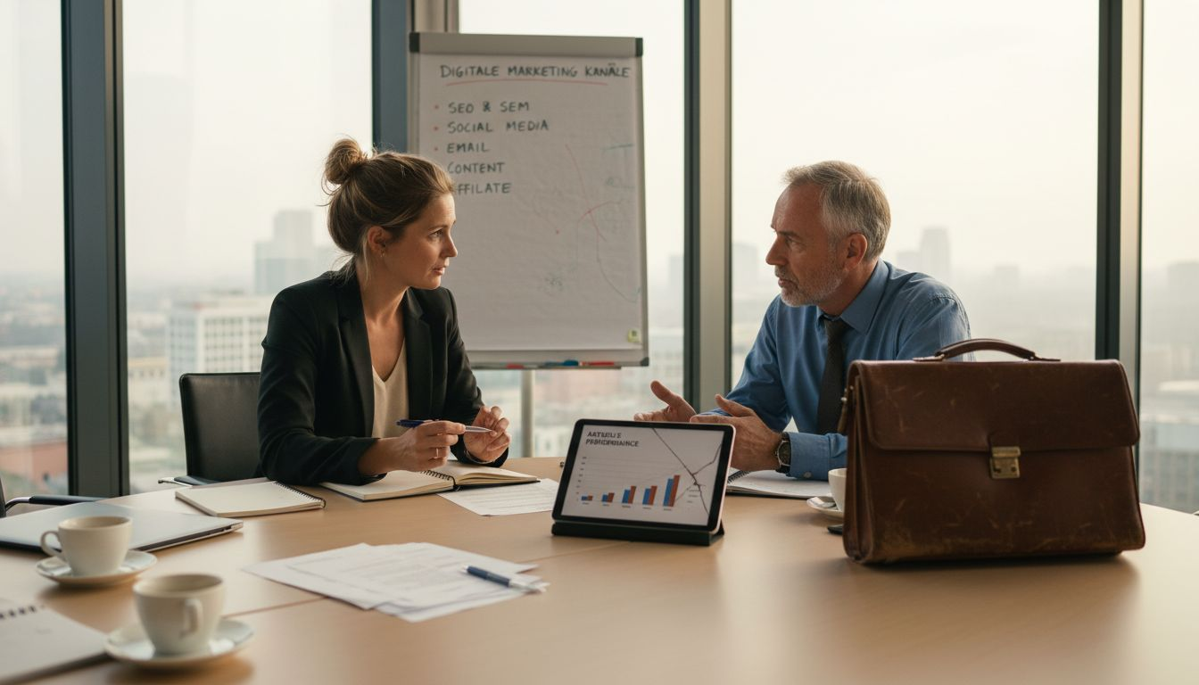 Das Team tauscht sich über digitale Marketingkanäle im B2B-Bereich aus.