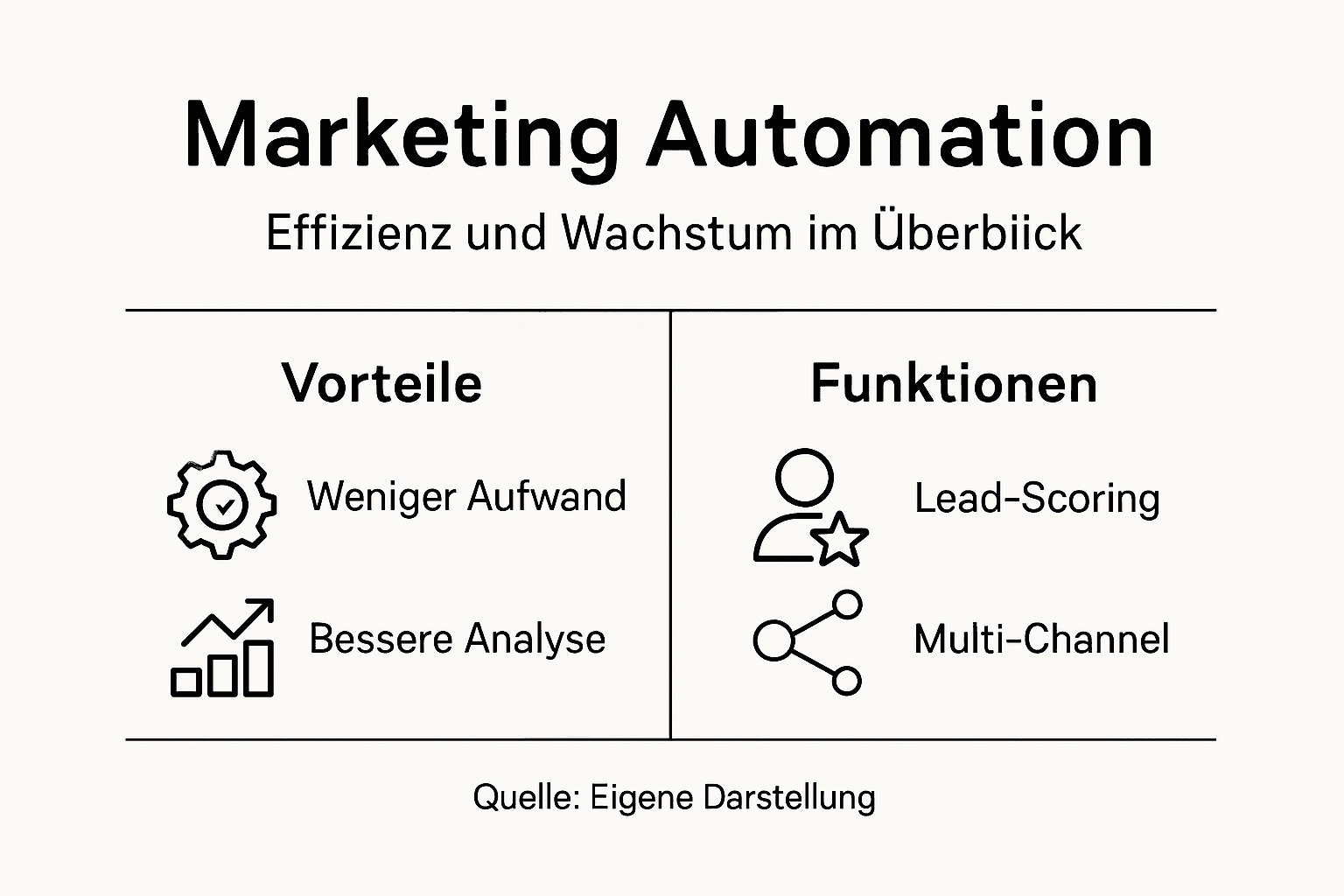 Die Infografik veranschaulicht anschaulich, welche Vorteile und Funktionen Marketing-Automation mit sich bringt.