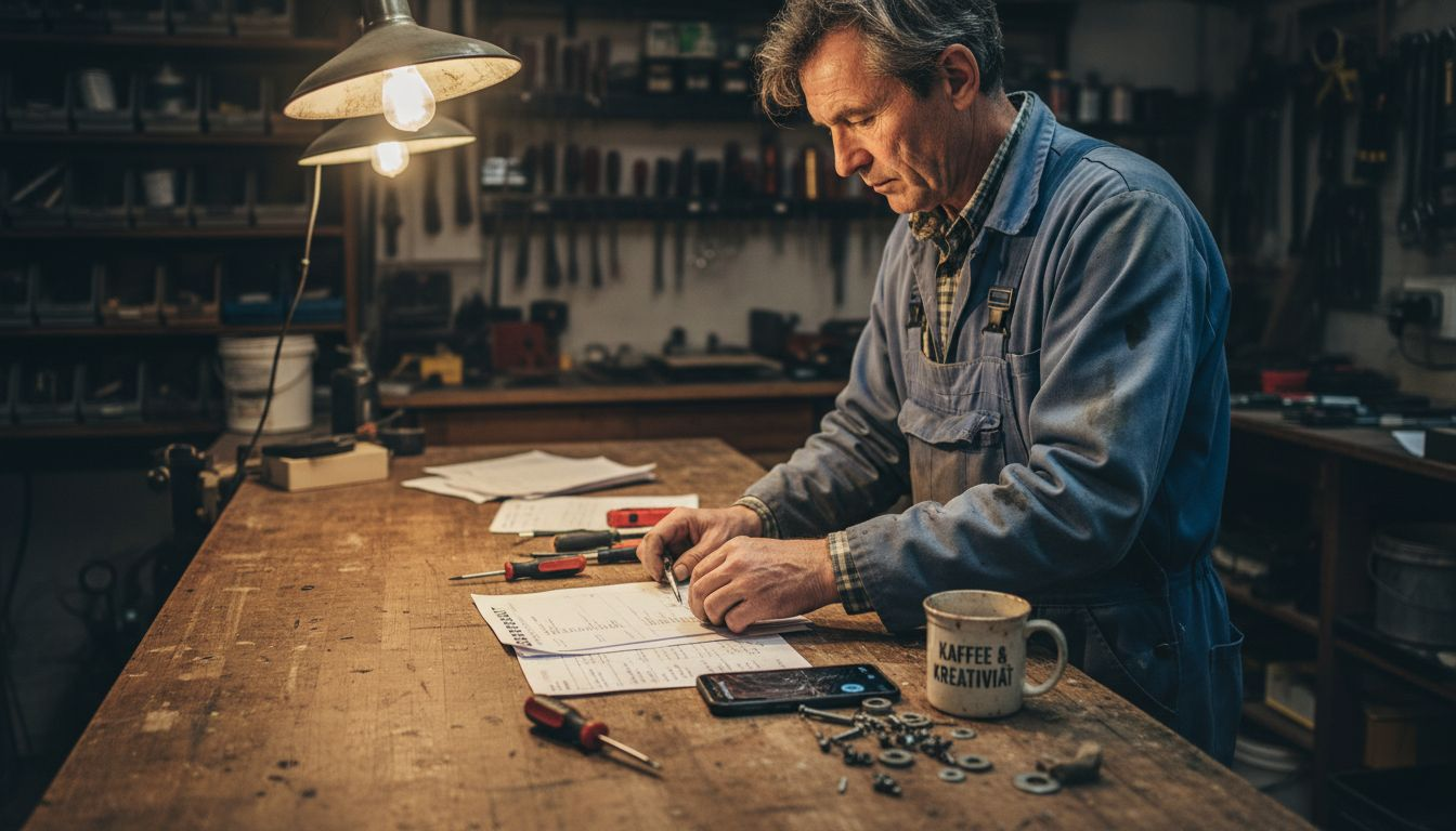 Ein Handwerker bringt Ordnung in seinen Papierkram in der Werkstatt.