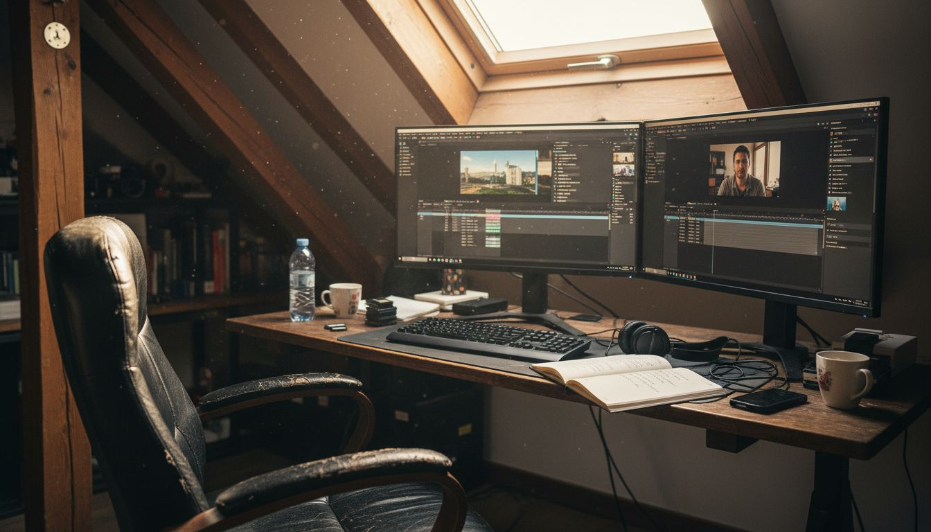 Ein Videoproduzent schneidet sein Filmmaterial in einem gemütlichen Arbeitsbereich unter dem Dach.