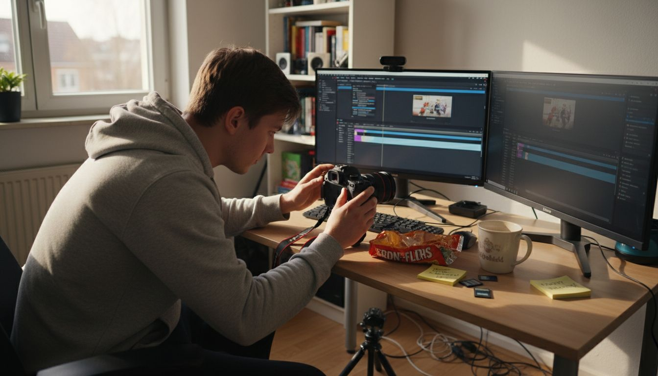 Ein Videoschnitt-Profi bereitet an seinem vollgepackten Schreibtisch das Equipment für die Arbeit vor.