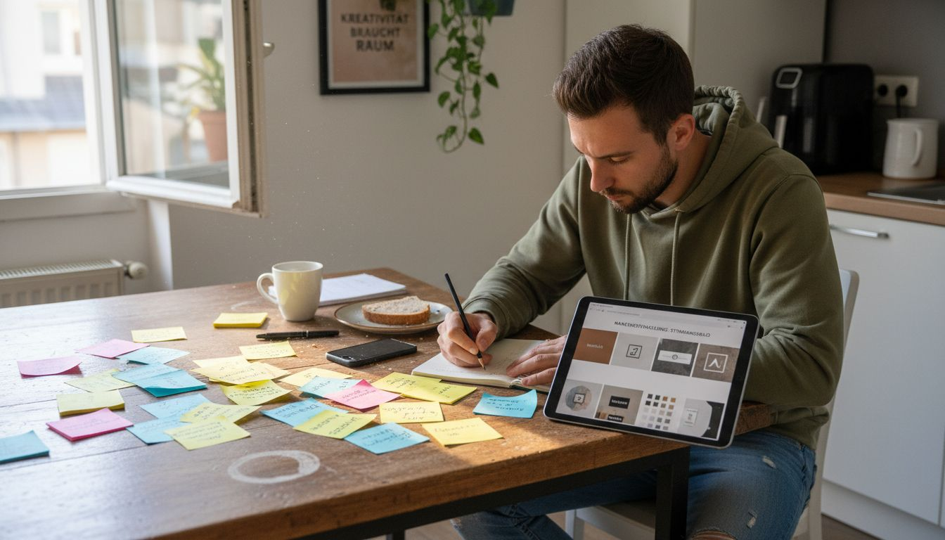 Ein Mann sitzt am Küchentisch und tüftelt an seiner Markenstrategie.