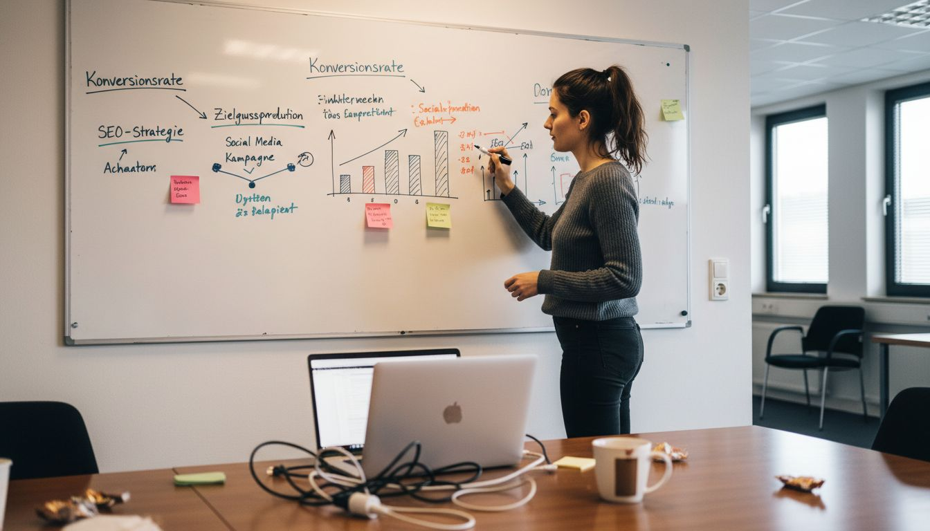 Ein Manager überlegt gemeinsam mit seinem Team, wie sich die Conversion-Rate weiter steigern lässt und sammelt dazu neue Ideen und Ansätze.