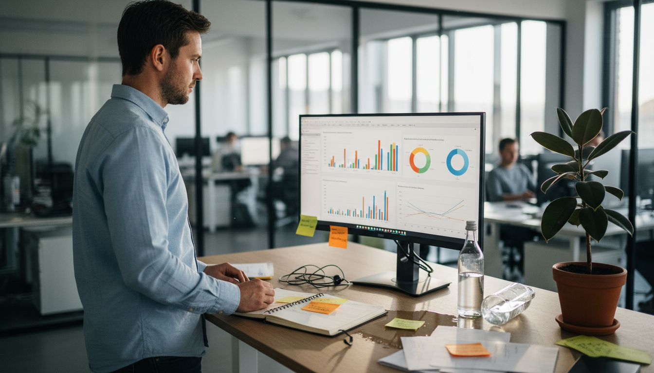 Ein Marketingexperte analysiert im Büro aktuelle Zahlen und Trends.