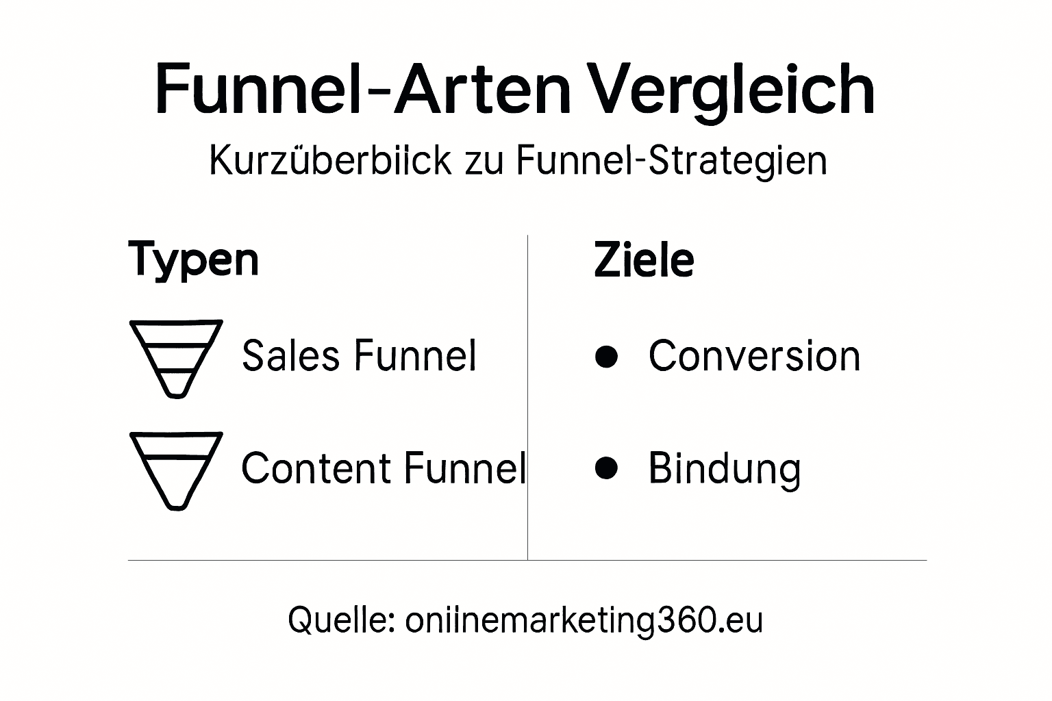 Übersicht der verschiedenen Funnel-Typen mit jeweils einem kurzen Ziel im Blick