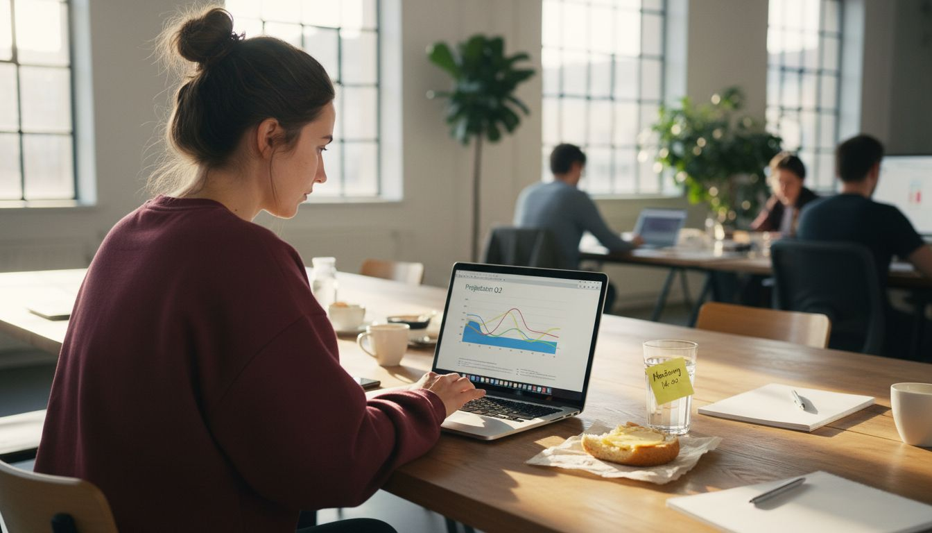 Eine Frau arbeitet konzentriert mit KI-basierten Daten und nutzt innovative Technologien, um neue Erkenntnisse zu gewinnen.