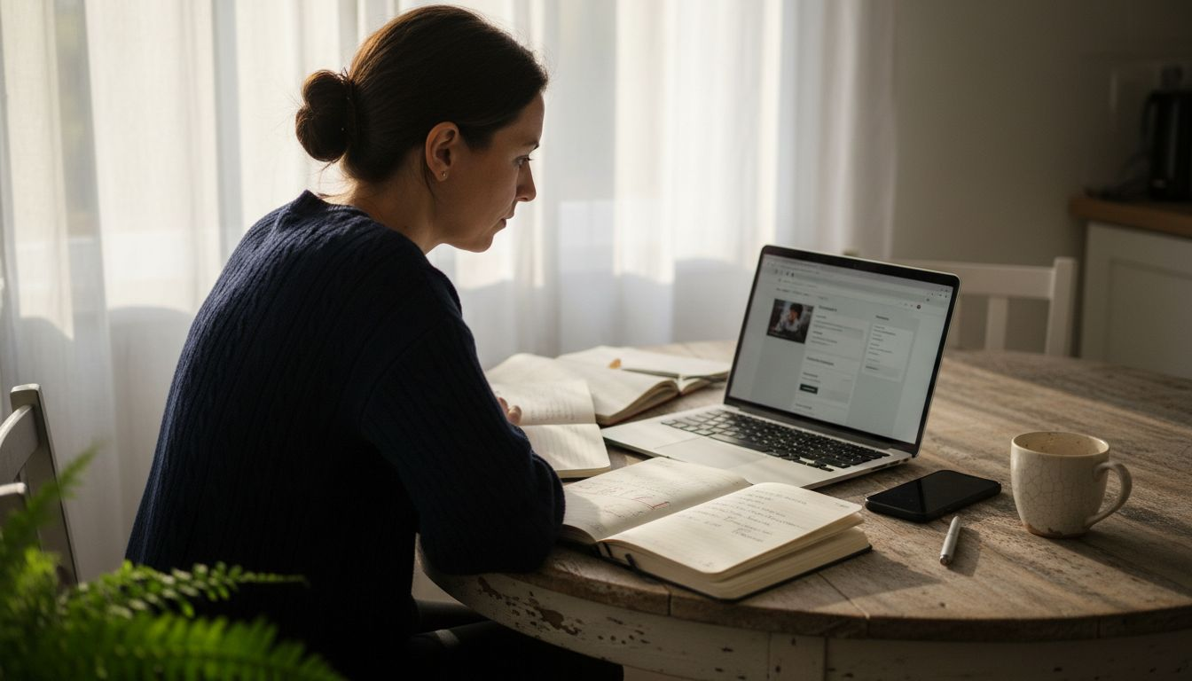 Eine Frau arbeitet an ihrem Schreibtisch zu Hause an der Gestaltung einer Landingpage.