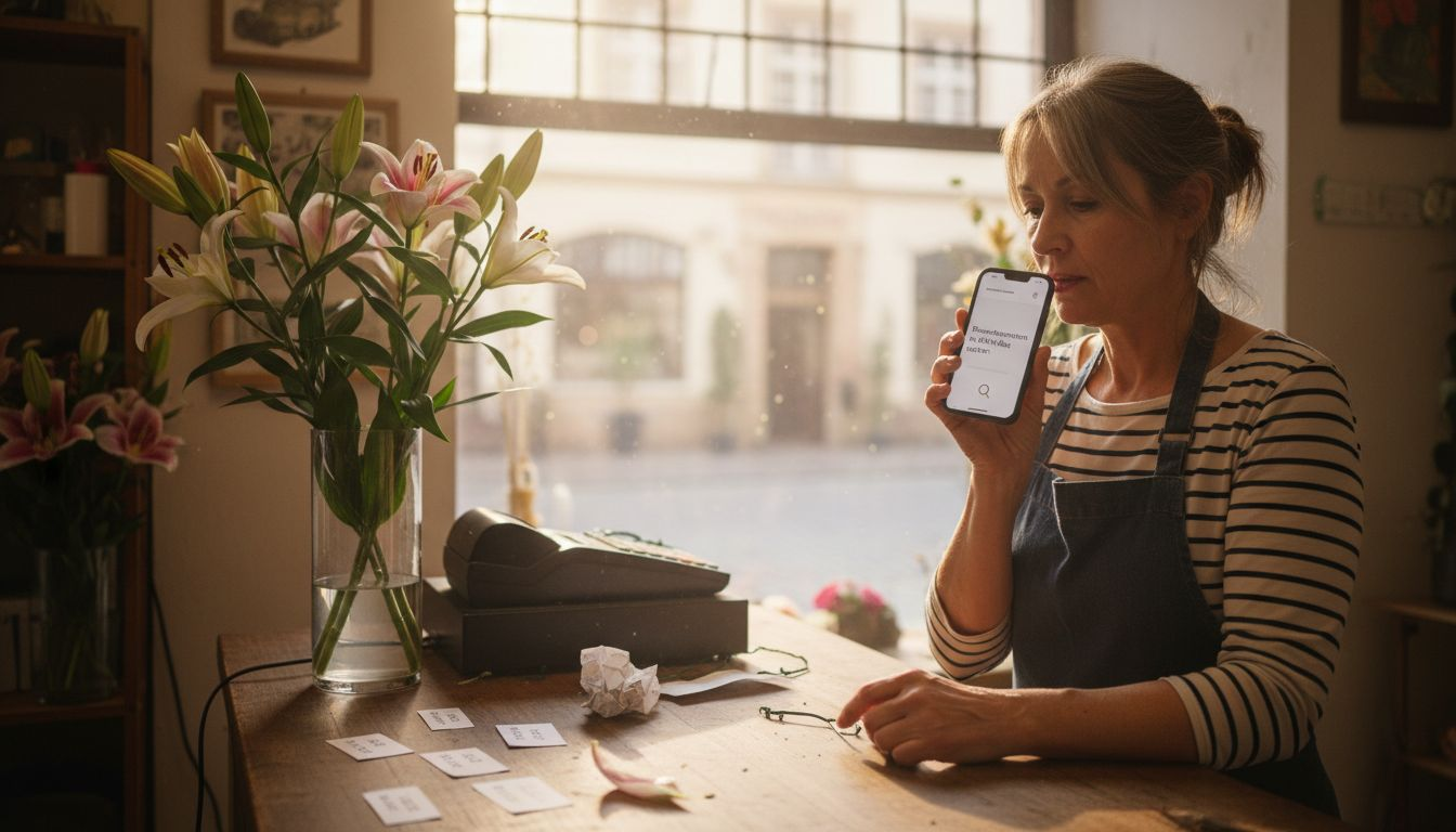 Floristin sucht per Sprachbefehl nach Blumenläden in ihrer Nähe