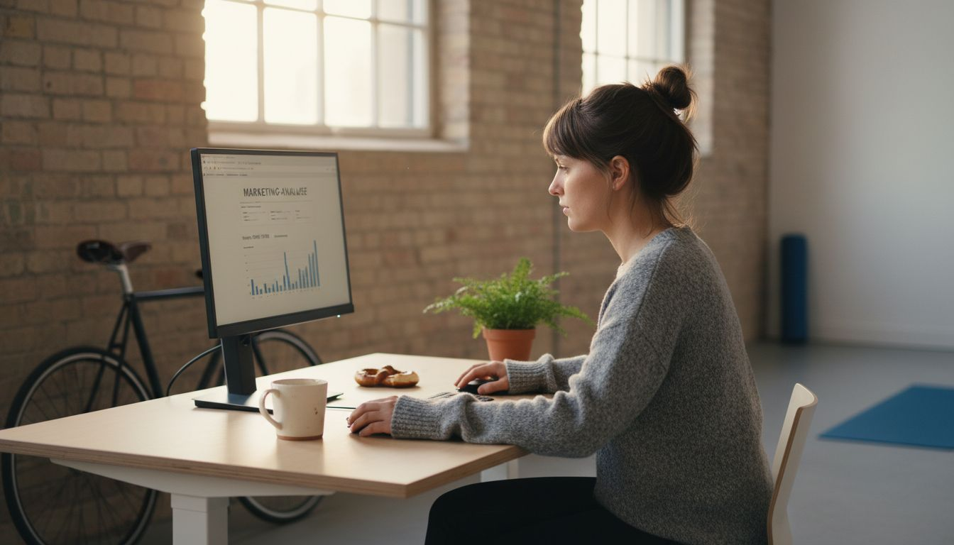 Ein Marketingprofi wirft an seinem Stehschreibtisch einen Blick auf die aktuellen Analysezahlen.