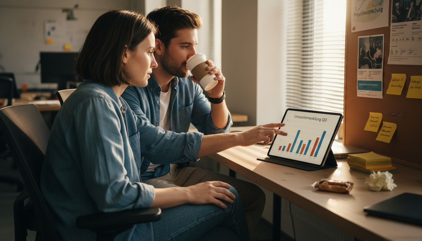 Am Schreibtisch besprechen die Kollegen gemeinsam, wie sie ihre Empfehlungsstrategie verbessern können.