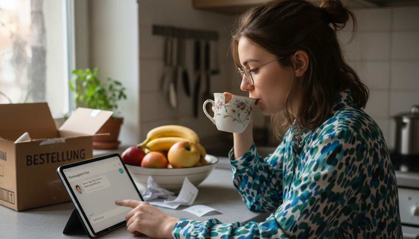 Ein Kunde nutzt ein Tablet, um mit einem Chatbot zu kommunizieren.