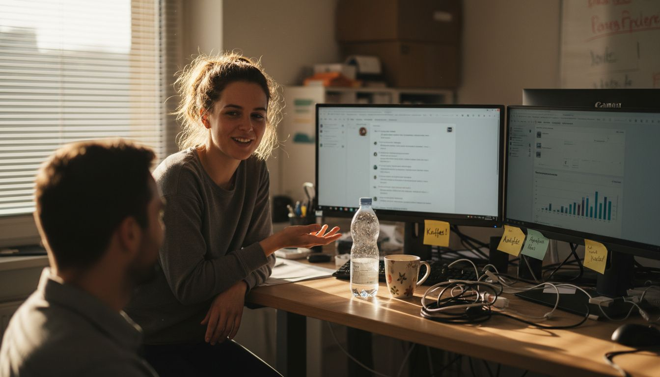 Ein Mitarbeiter behält am Arbeitsplatz das Chatbot-Dashboard im Blick.
