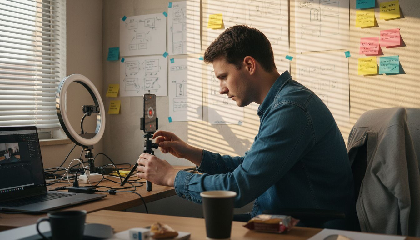 Ein Mann bereitet sein Smartphone vor, um ein Video für Social Media aufzunehmen.