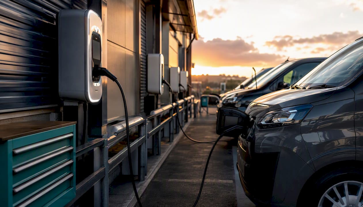 Fleet depot EV charging stations and vans