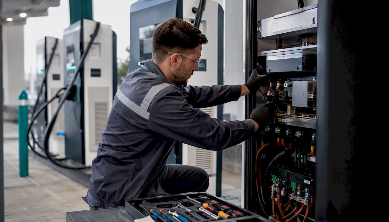 Technician adjusting commercial EV charger wiring