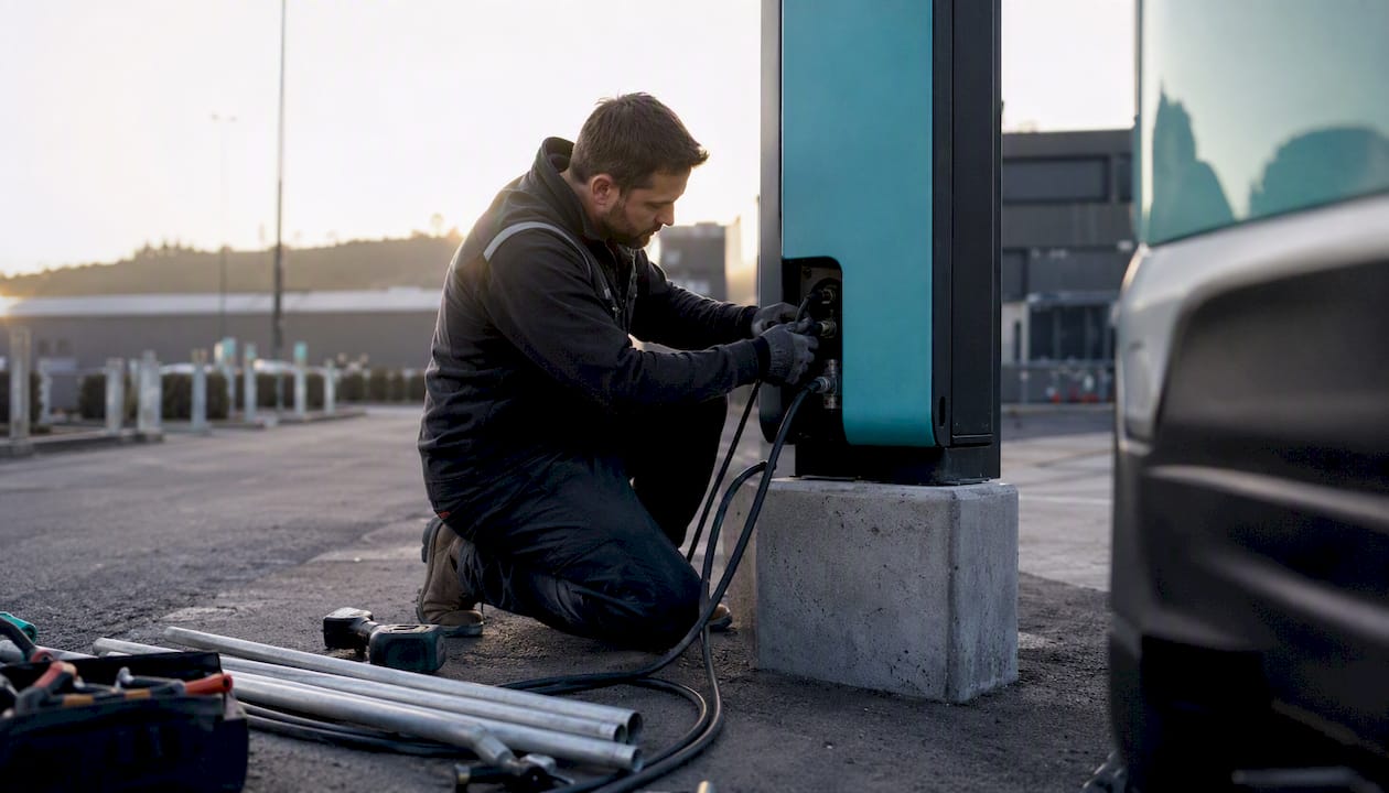 Technician installing EV charger at fleet depot