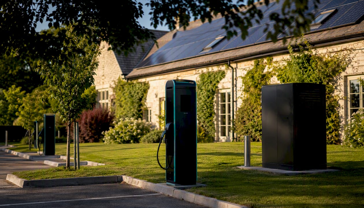 Country hotel EV chargers with solar and battery storage
