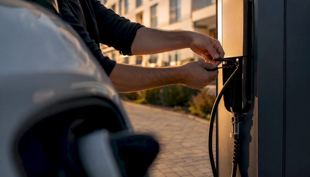 Installer wiring EV charger in hotel parking