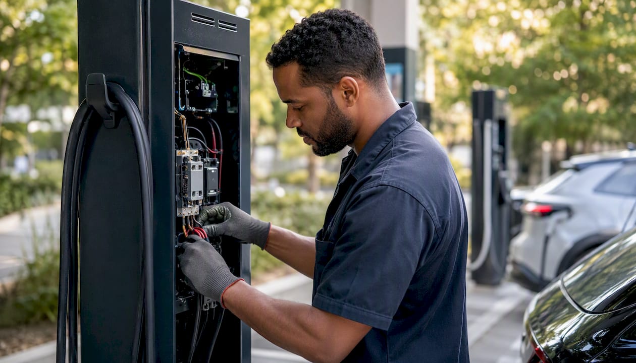 Technician wiring EV charger in workplace parking
