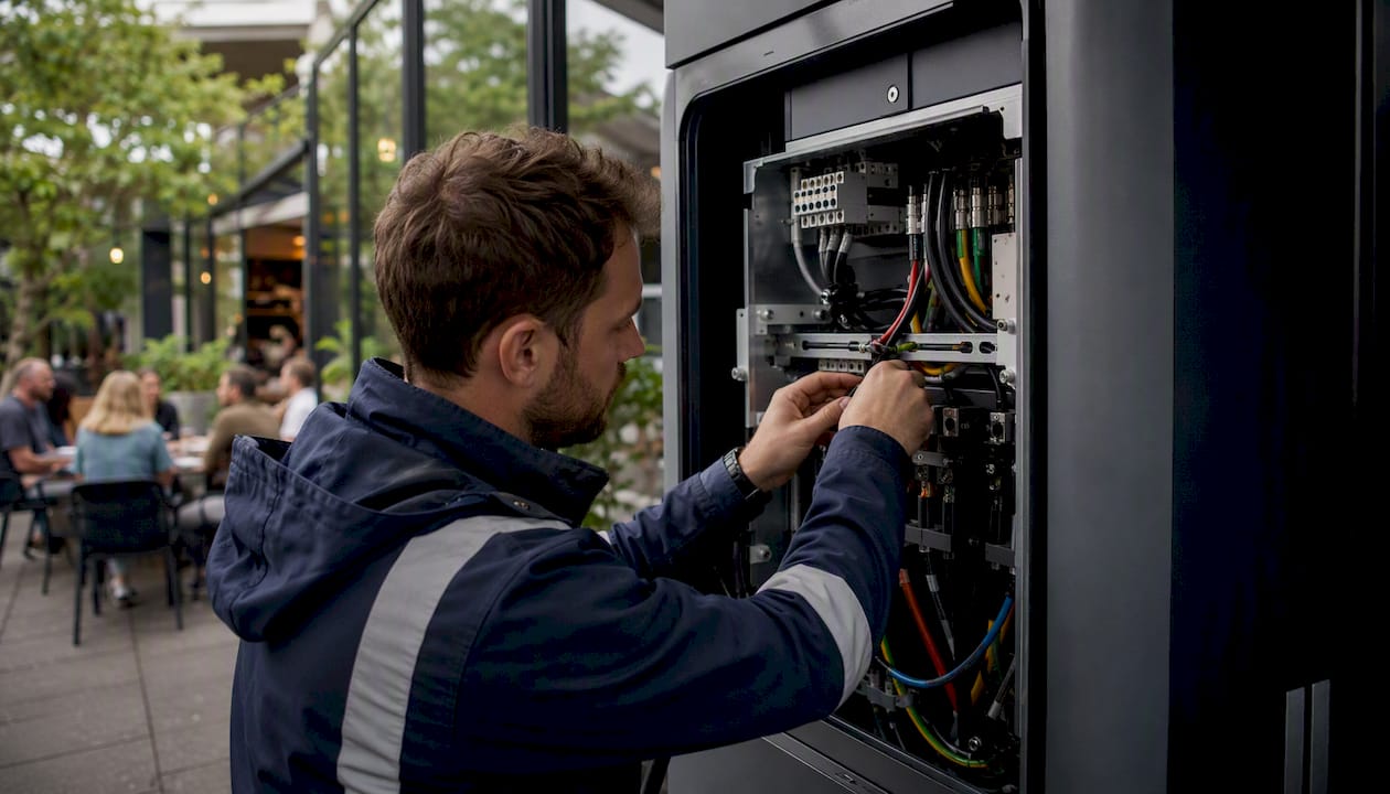 Technician wiring commercial EV charger