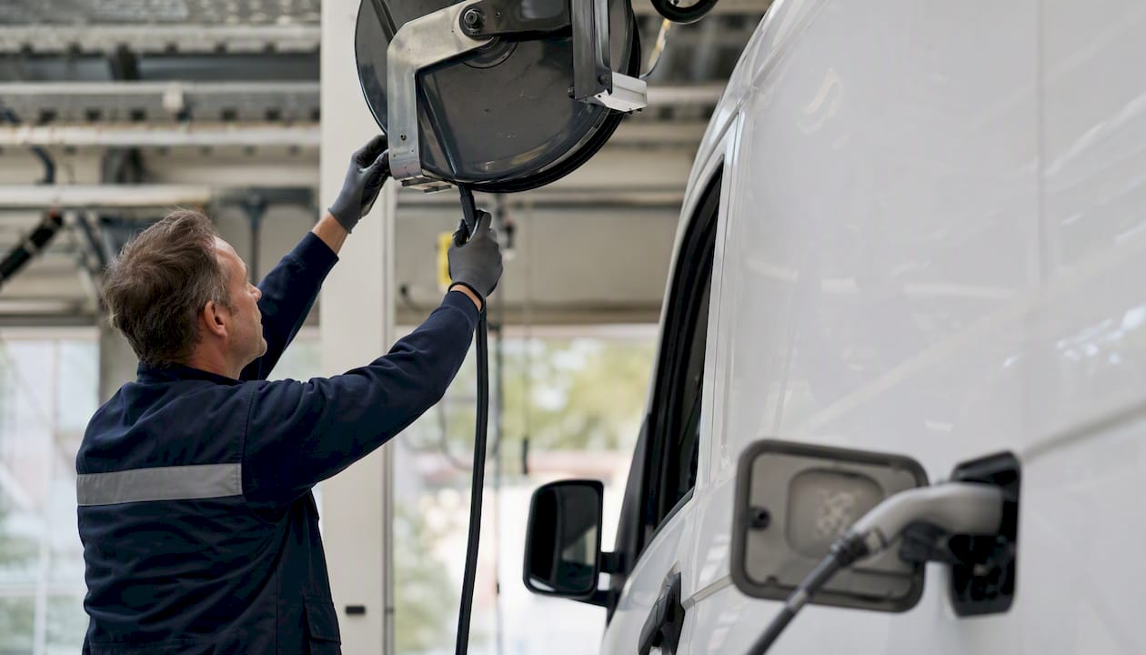 Technician handling heavy-duty retractable charging cable reel