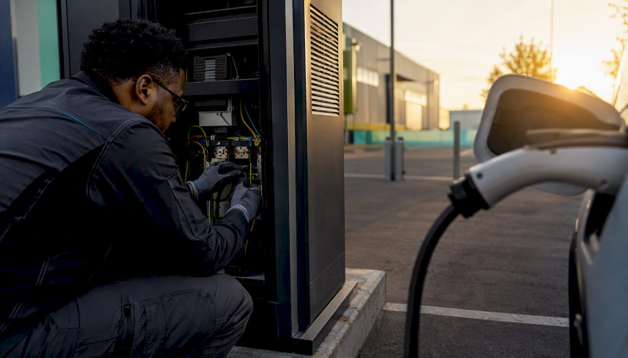 Technician wiring earth conductor on EV charger