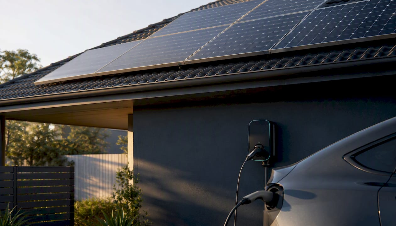 Residential solar panels and EV charging port silhouette