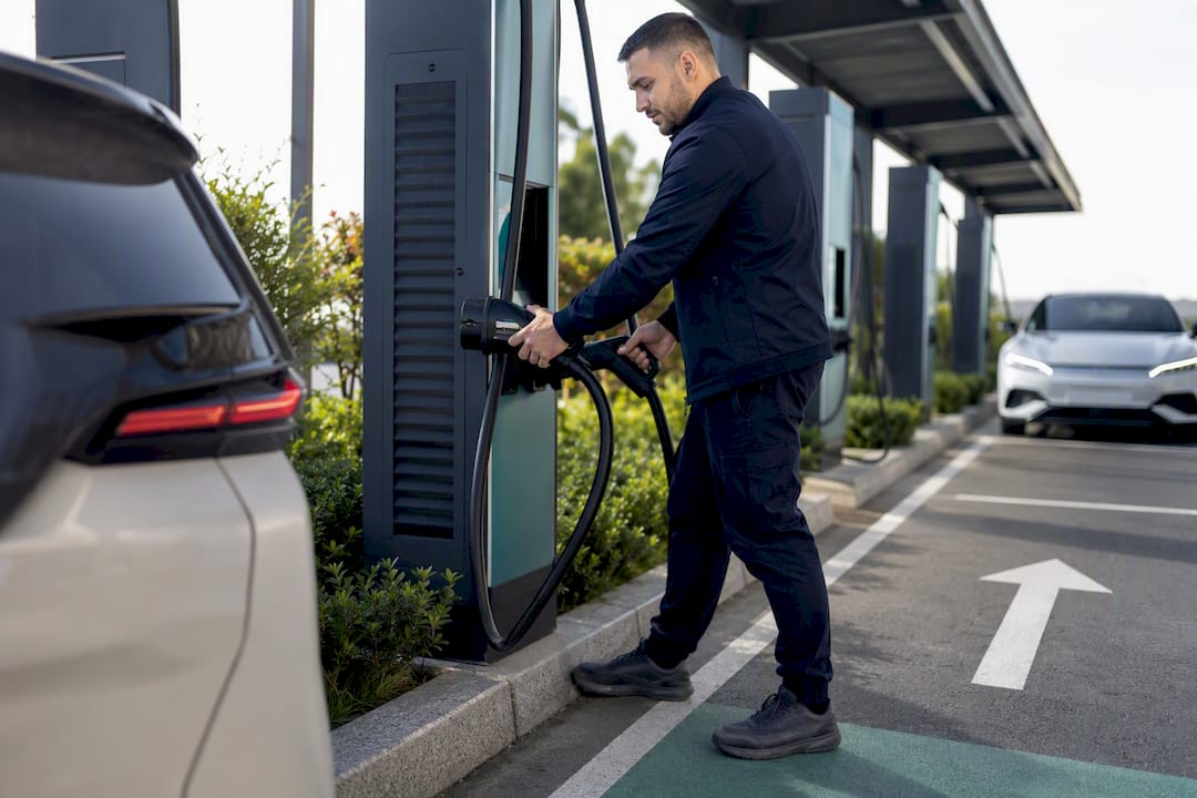 Technician unplugging electric vehicle at charging bay