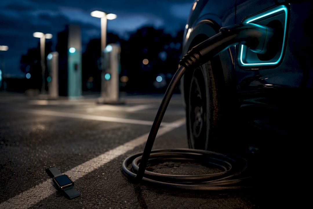 Commercial EV charging station at dusk with charging port detail