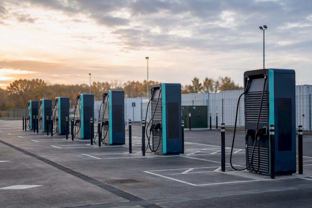 High-power EV chargers at fleet depot parking lot