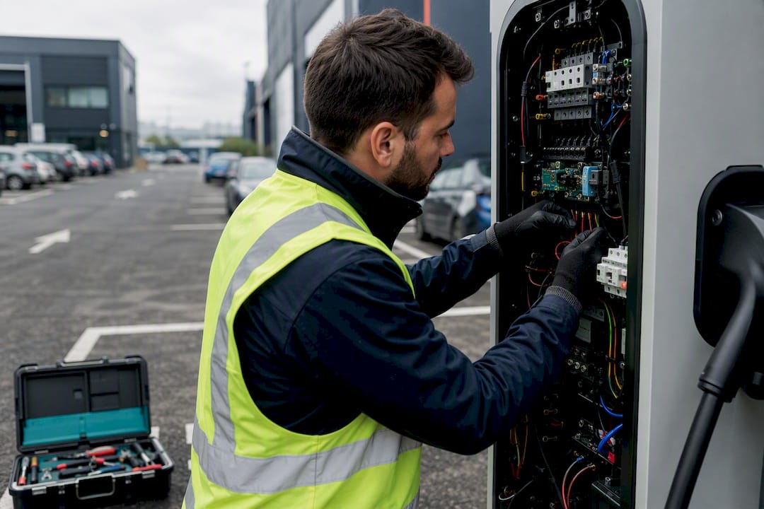 Technician inspecting EV charging unit wiring