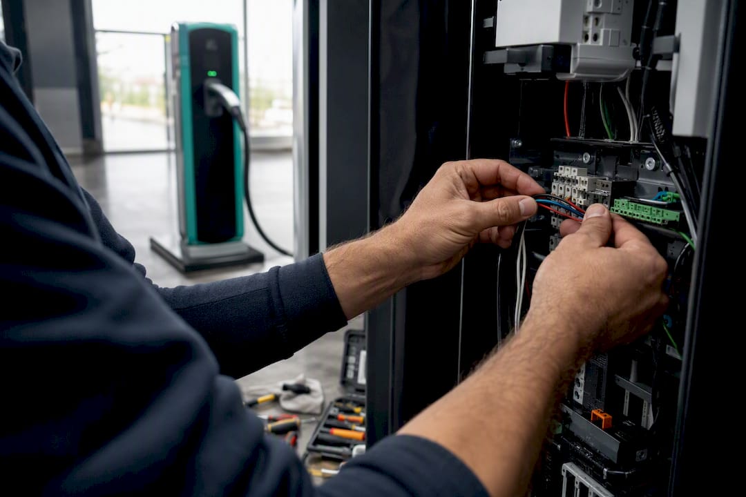 Technician wiring commercial EV charge point
