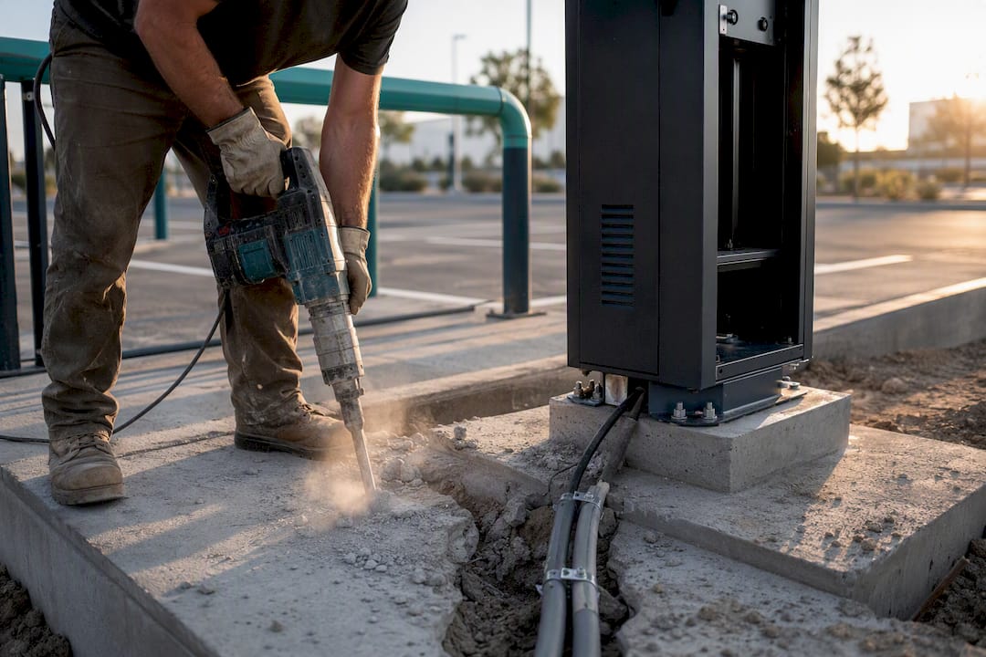 Technician drilling foundation for charger pedestal