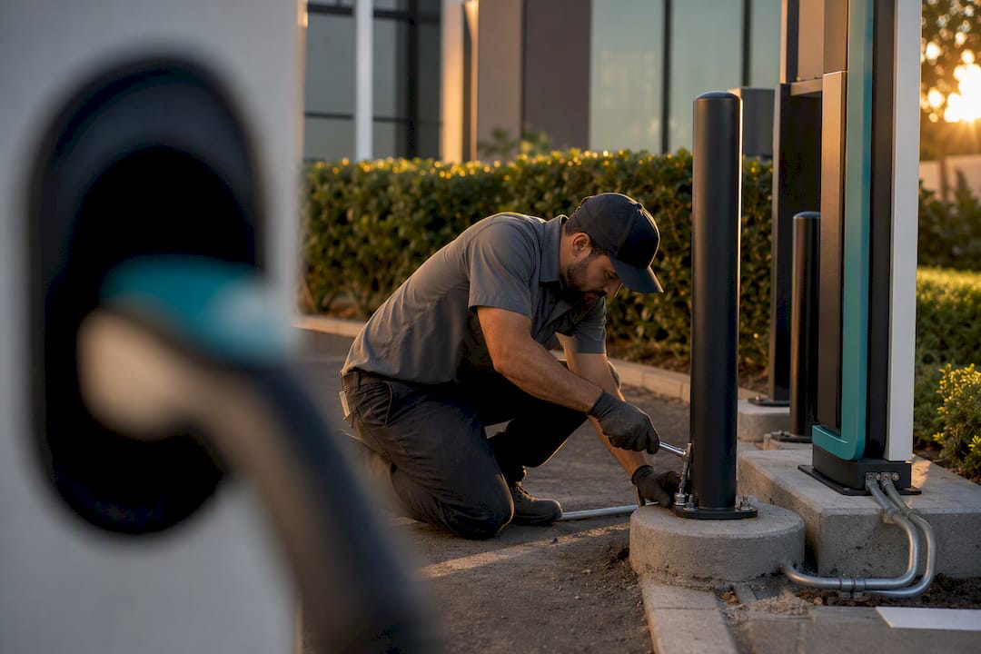 Technician installing security bollards at EV charger