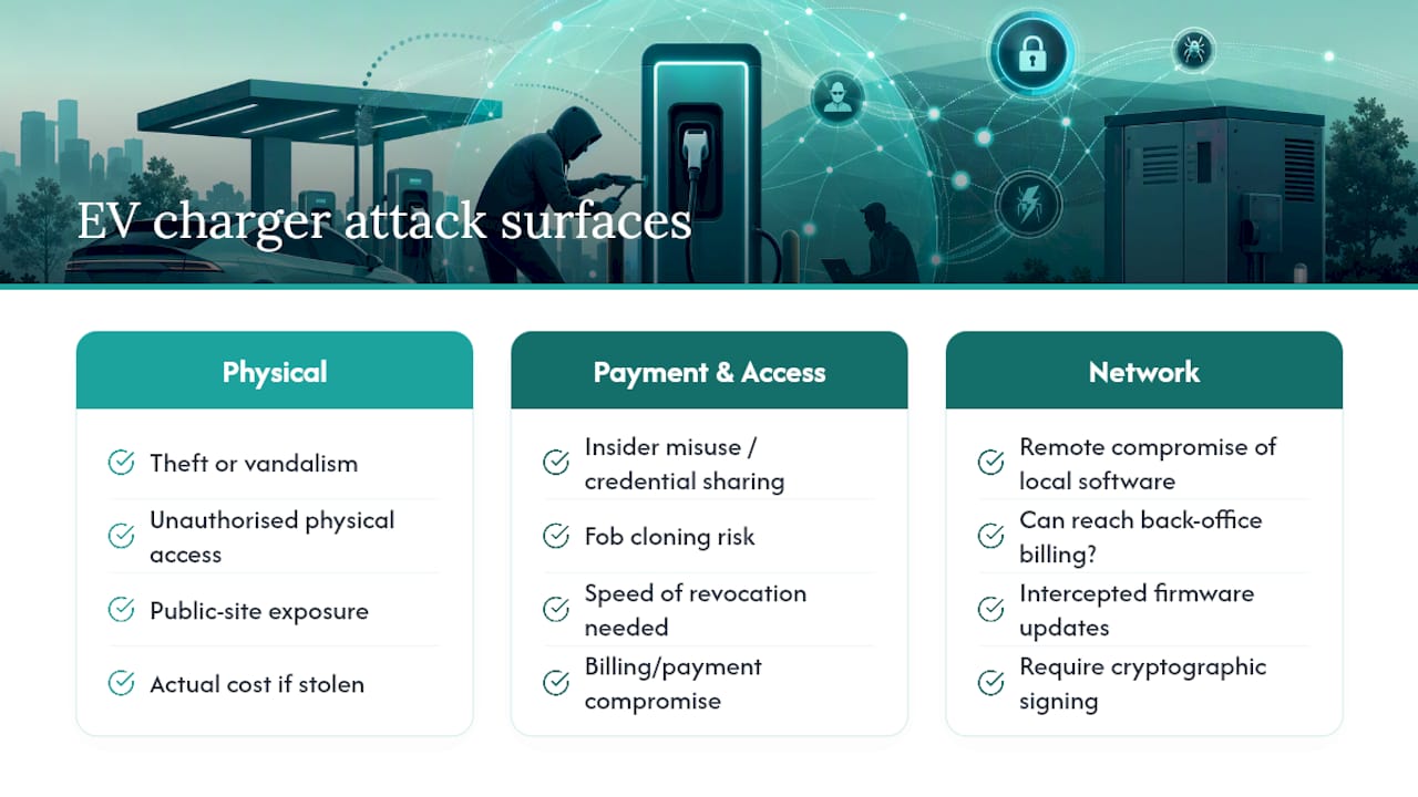 Diagram of EV charging attack surfaces and impacts
