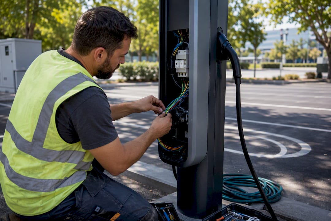 Technician wiring EV charger at workplace