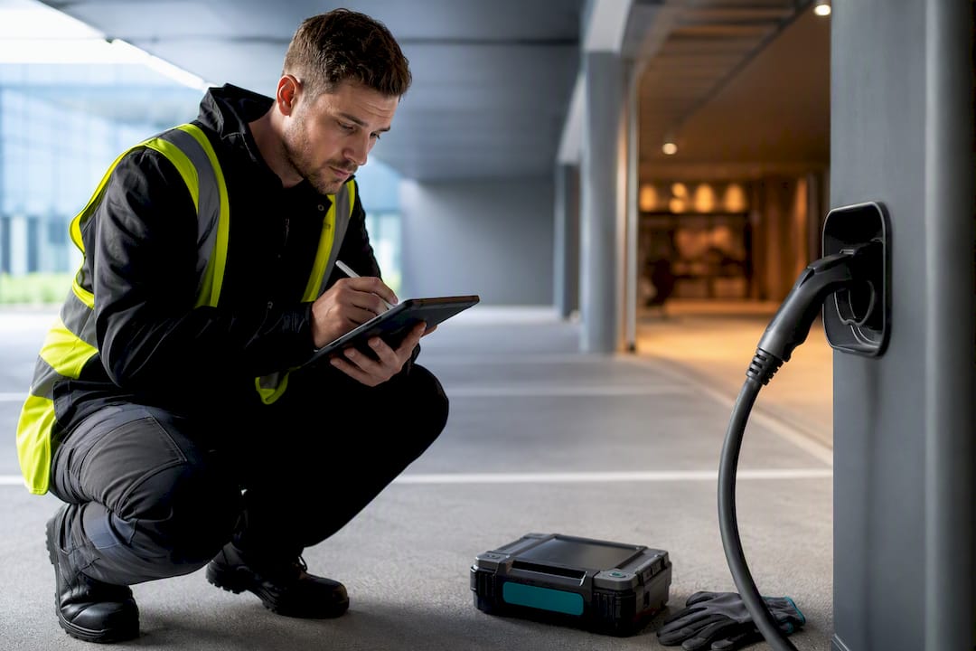 Technician inspecting EV charging installation