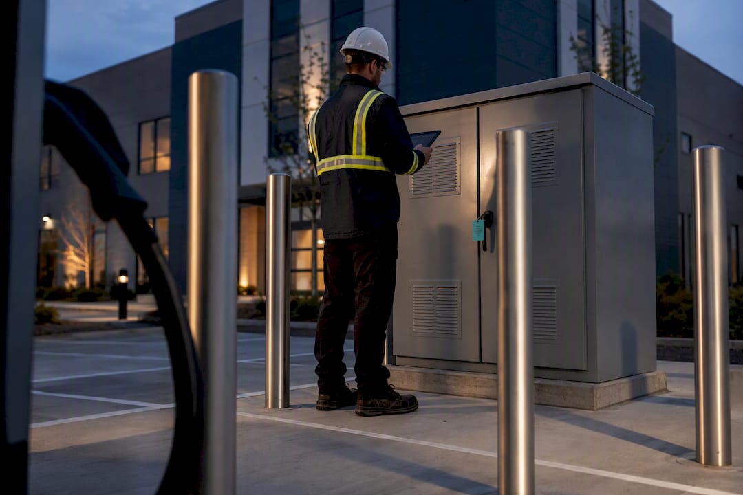 Technician inspecting secure EV charging infrastructure