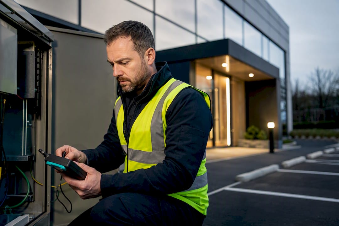 Surveyor checking electrical supply at commercial property