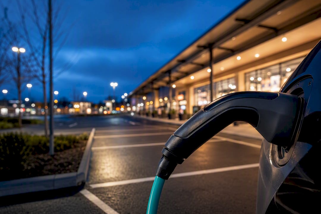 Retail park EV charging bays at dusk