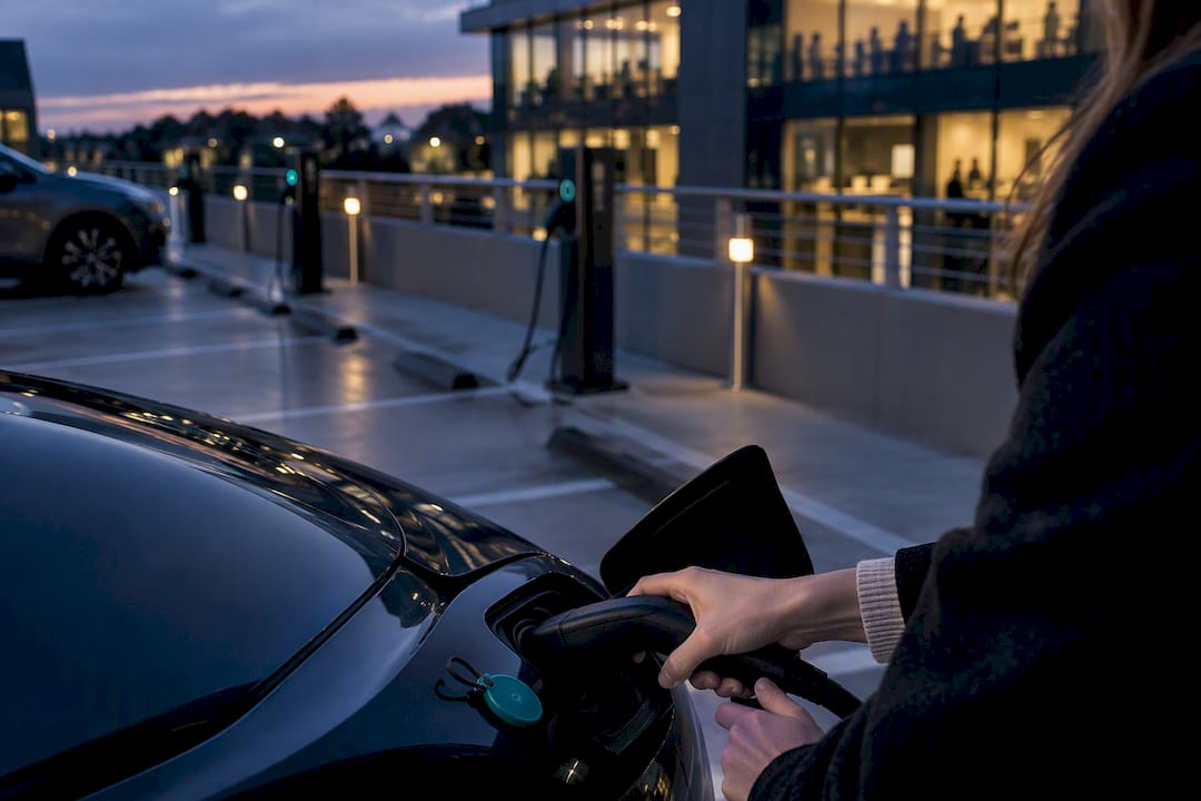 Employee starting workplace EV charging session