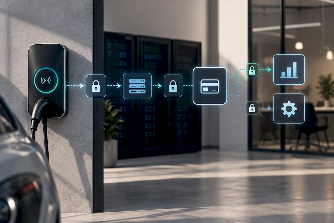 Secure workplace charging data flow illustration