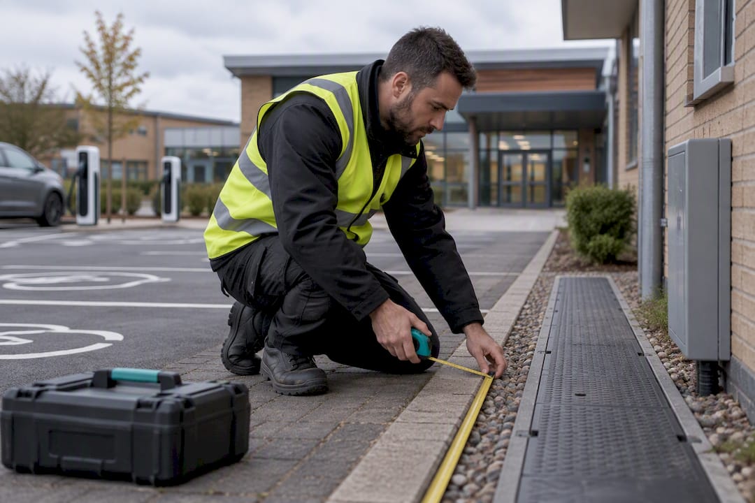 Installer inspecting school charging cable route