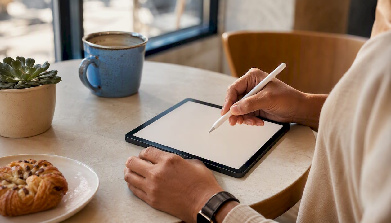 Hands holding stylus over tablet before compliance work