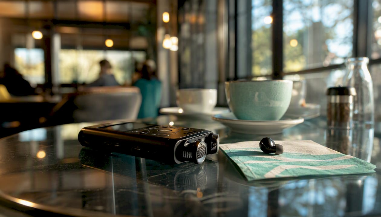 Digital audio recorder on wooden table