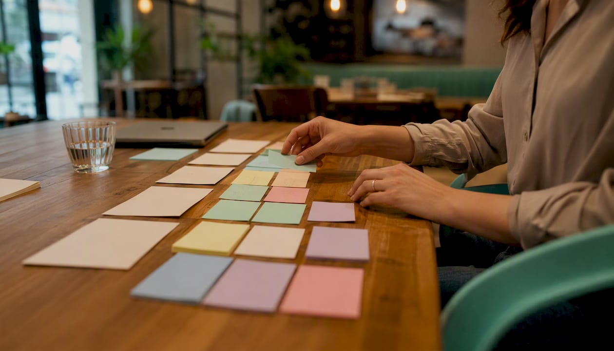 Researcher hands arranging thematic notes on table