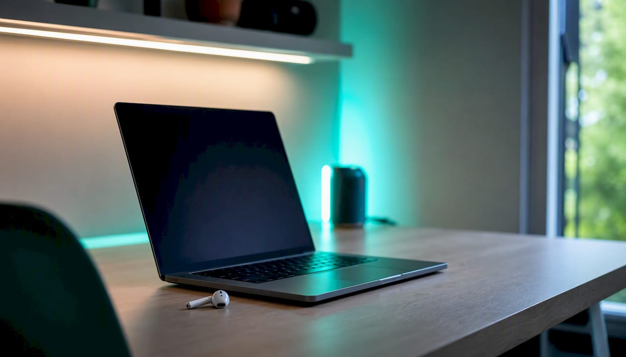 Minimal digital study notes workspace with earbuds