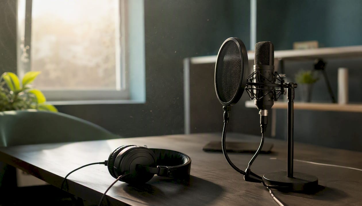 Podcast microphone and headphones setup